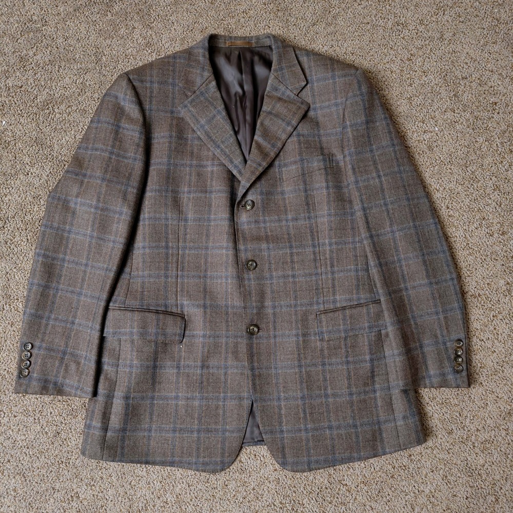Gieves Hawkes Mens Plaid Wool‎ Blazer Sport Coat Jacket Brown Blue Size XL